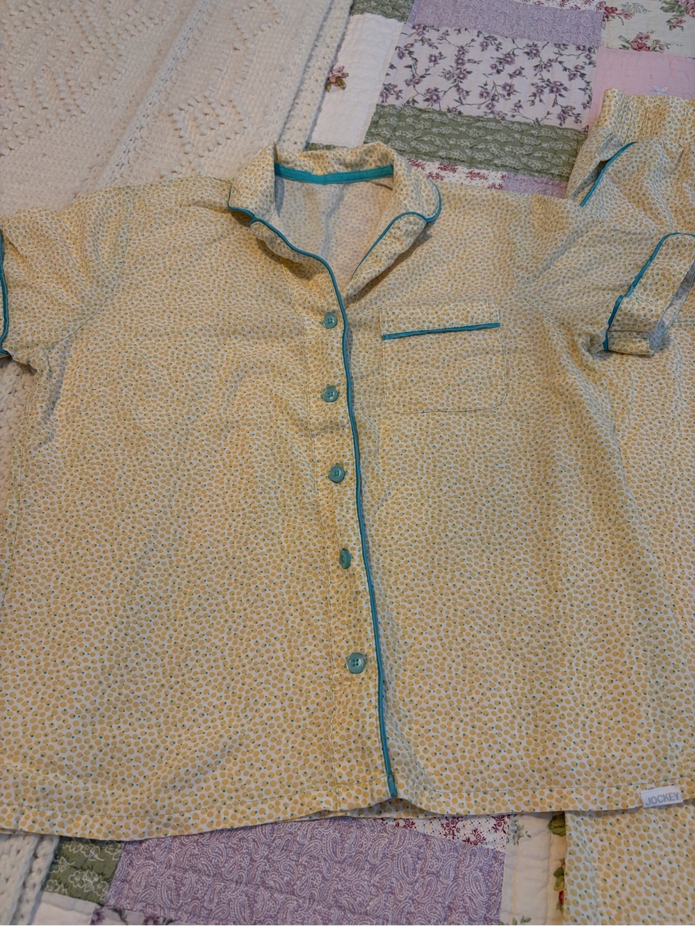 Jockey Yellow Floral Button-Front Pajama Top with Teal Trim